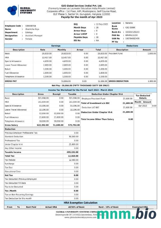 GUS Global Services India payslip szablon w formatach Word i PDF